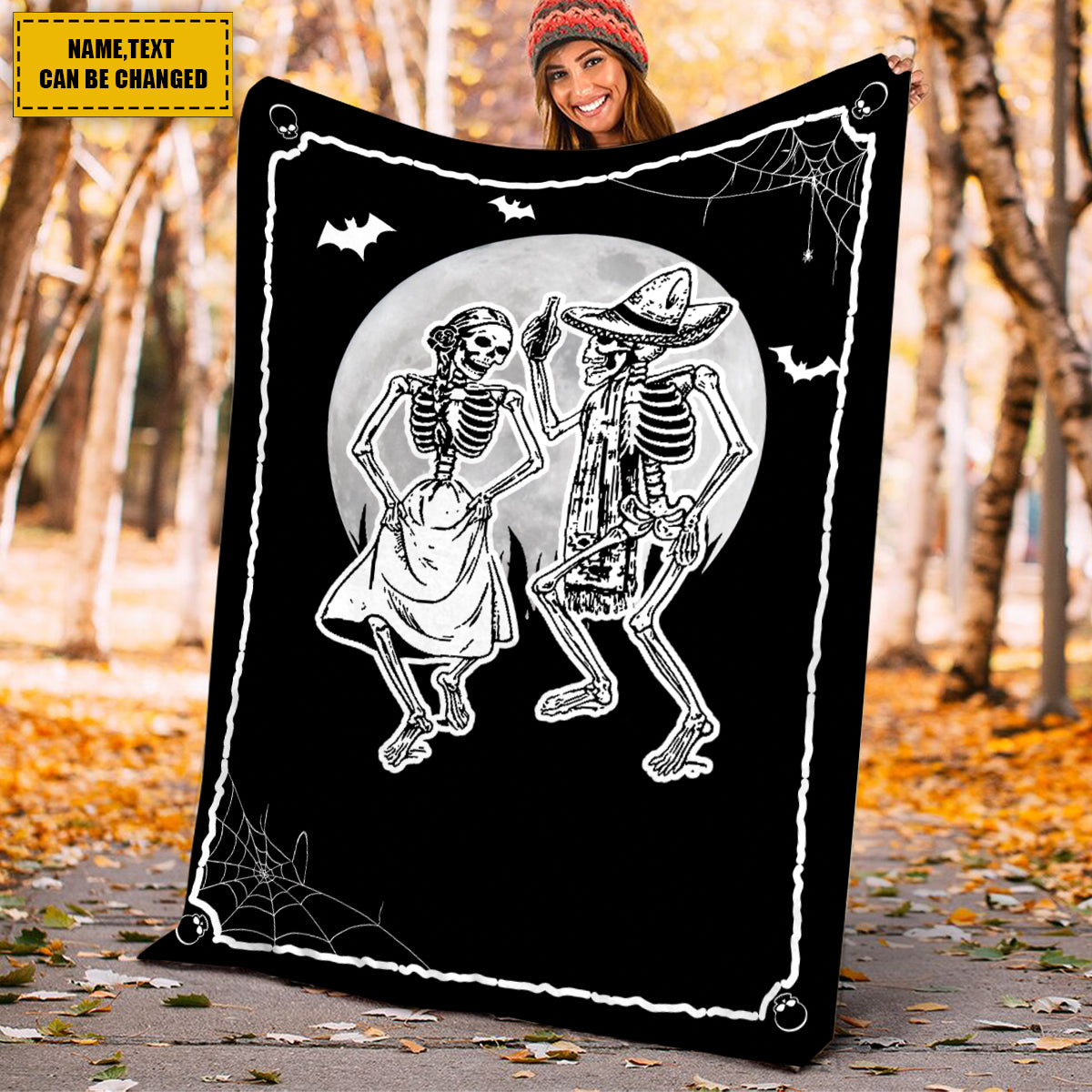 Teesdily | Gothic Skeleton Blanket Personalized Halloween Couple Dancing Sofa Blanket He's My Treat And She Is My Trick Funny Halloween Gifts For Lover