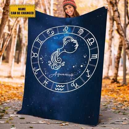 Teesdily | Aquarius Personalized Fleece Blanket With Name Horoscope Design Sherpa Blanket Zodiac Sign Constellation Astrology Adult Kid Birthday Gifts