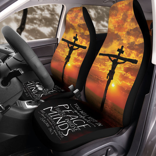 Teesdily | Jesus Cross Sunset Car Seat cover, You Will Keep In Perfect Peace Christ Car Seat Protector, Bible Verse Front Seat Cover, Christian Gift