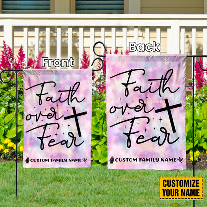 Teesdily | Faith Over Fear Customized Family Name Garden Flag, Jesus Tie Dye Classic House Flag, Hippie Home Garden Decor, Hippie Style Flag