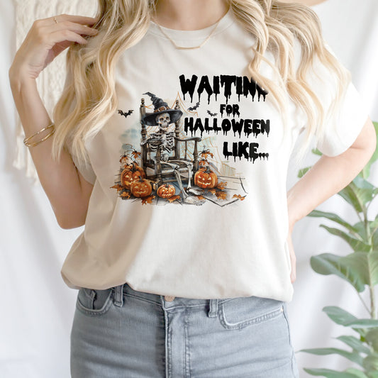 Teesdily | Funny Halloween Skeleton T-shirt, Skeleton Waiting For Halloween Like Sweatshirt Hoodie Mug, Skeleton Pumpkin Shirt, Halloween Party Gift