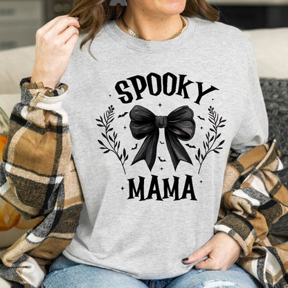 Teesdily | Retro Coquette Spooky Mama Bow Halloween Shirt, Back Bow Bat Flower Halloween Sweatshirt Hoodie Mug, Mama T-shirt, Halloween Gift