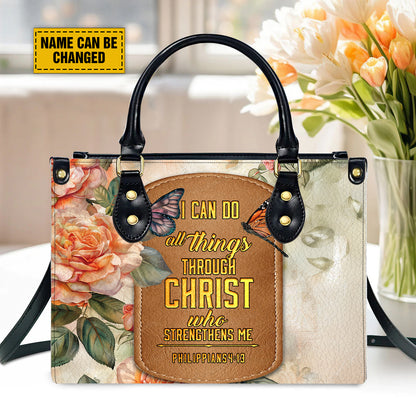 Teesdily | Personalized I Can Do All Things Through Christ Bag, Butterfly Rose Jesus Leather Bag, Bible Verse Floral Leather Handbag, Christmas Gift