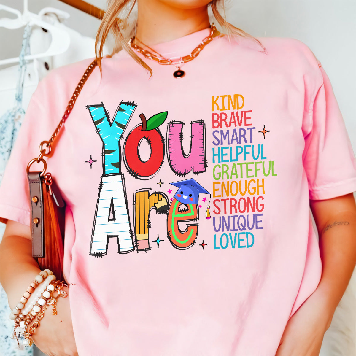 Teesdily | You Are Kind Loved Brave Enough Shirt, Back To School T-shirt, Teacher Love Sweatshirt Hoodie Mug, First Day Of School Tee, Teacher Gift