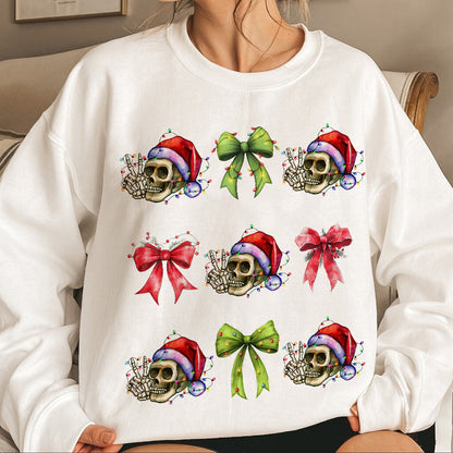 Teesdily | Christmas Coquette Skeleton Bow Shirt, Coquette Bow Skeleton Halloween Sweatshirt, Christmas Light Hoodie Mug Tee