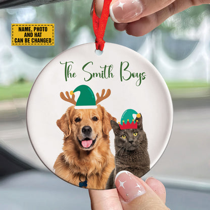 Teesdily | Personalized Pet And Santa's Hat Ornament, Keep Memories Pet Portrait Ornament, Dog Lovers Gift, Cat Christmas Ornament