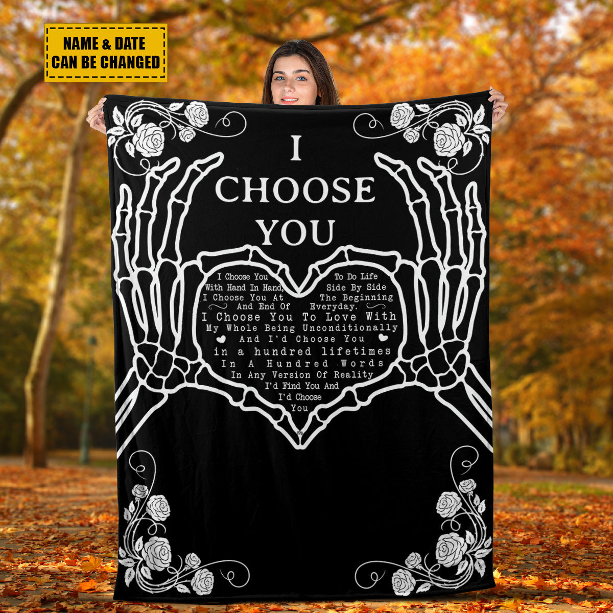 Teesdily | Skeleton Hand Custom Fleece Blanket I Choose You Warm Blanket Halloween Theme Rose Fleece Throw Blanket Gothic Bed Blanket Gift For Lover