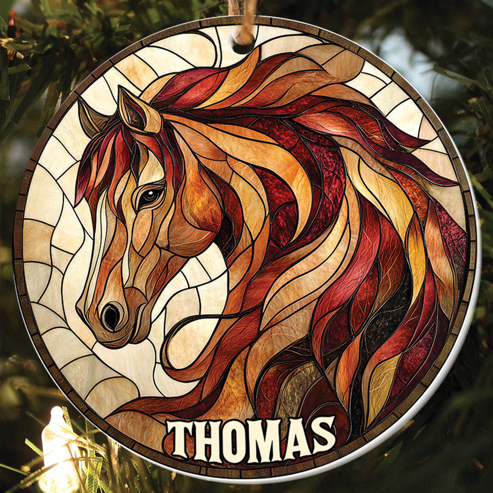 Teesdily | Personalized Horse Ornament, Christmas Horse Stained Glass Printed 2D Ornament, Horse Lover Gift Christmas Decor