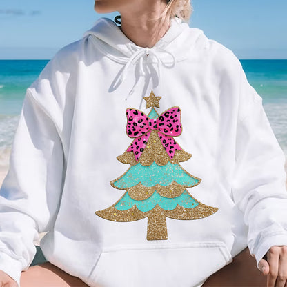 Teesdily | Christmas Tree Bow Shirt, Christmas Coquette Bow Glitter Leopard Sweatshirt, Christmas Hoodie Mug For Women