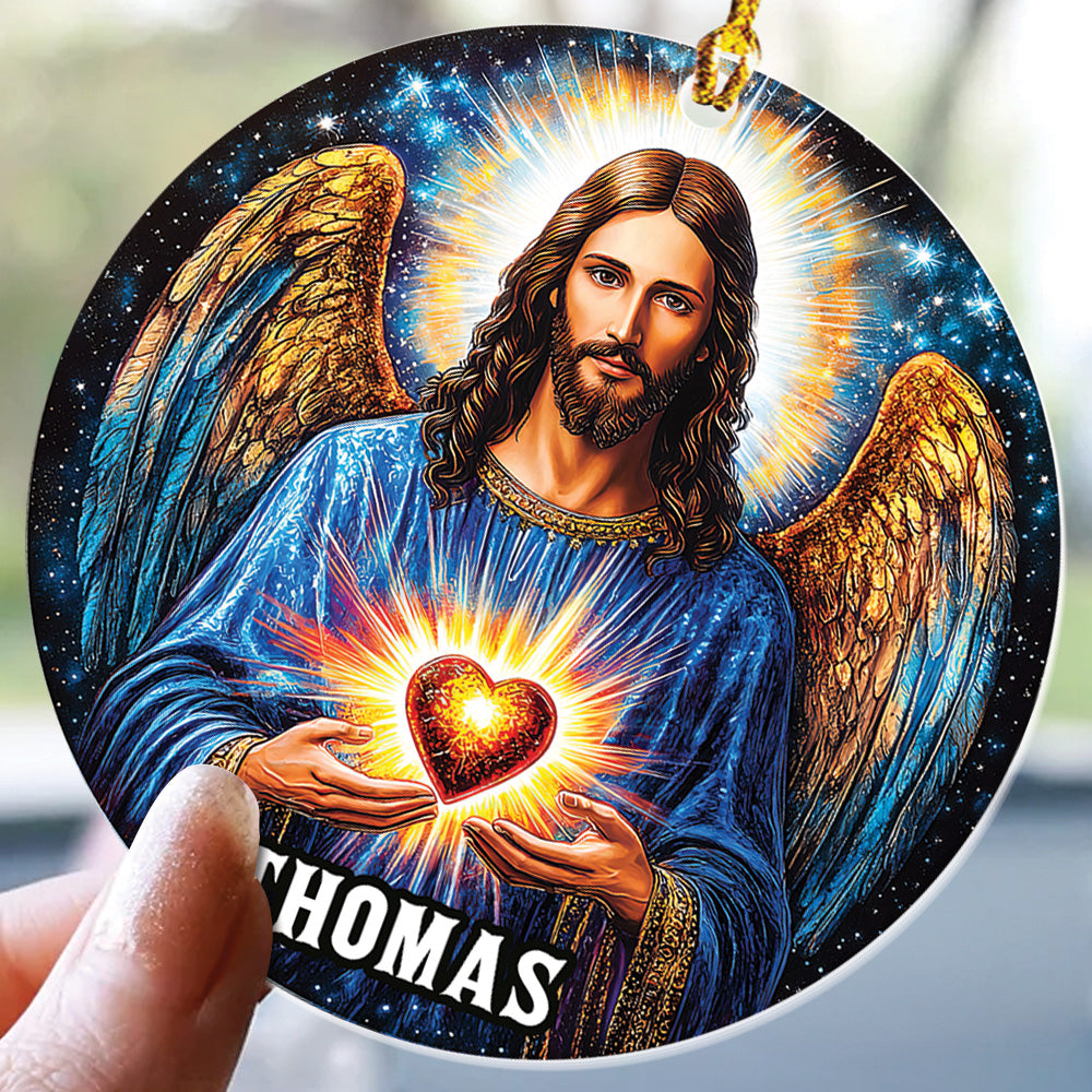 Teesdily | Personalized Jesus Angel Ornament Christmas, Jesus Christ Sacred Heart Ornament Decor, Christmas Ornament Gift