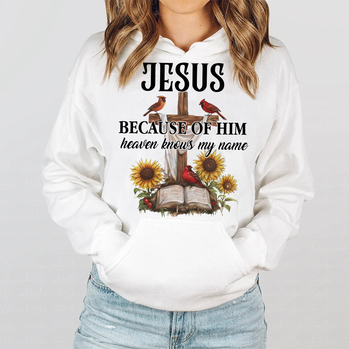 Teesdily | Jesus Christ Cardinal Shirt, Because Of Him Heavens Knows My Name Shirt, Christian Gift, God Believers Unisex Tshirt Hoodie Sweatshirt Mug