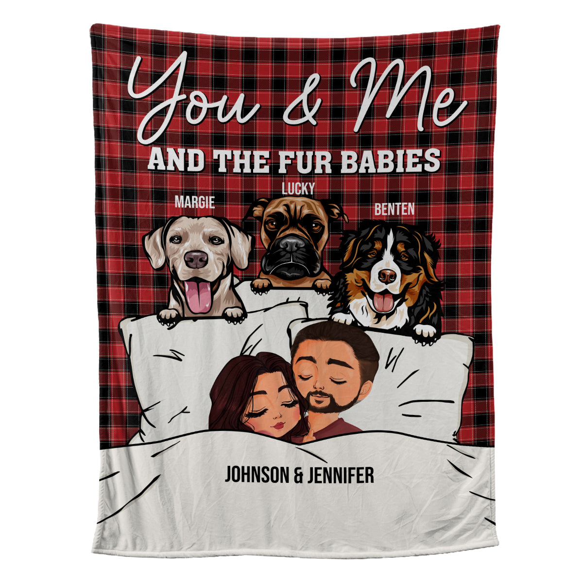 Teesdily | Dog Mom Dad Couple Customized Name Fleece Blanket Dogs Christmas Plaid Sherpa Blanket You Me And The Fur Babies Blanket Gift For Dog Owners