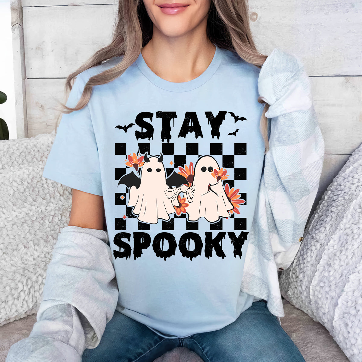 Teesdily | Cute Ghost Halloween Shirt, Stay Spooky Happy Halloween Tee Sweatshirt Hoodie Mug, Halloween Gifts, Spooky Retro Ghost Tee