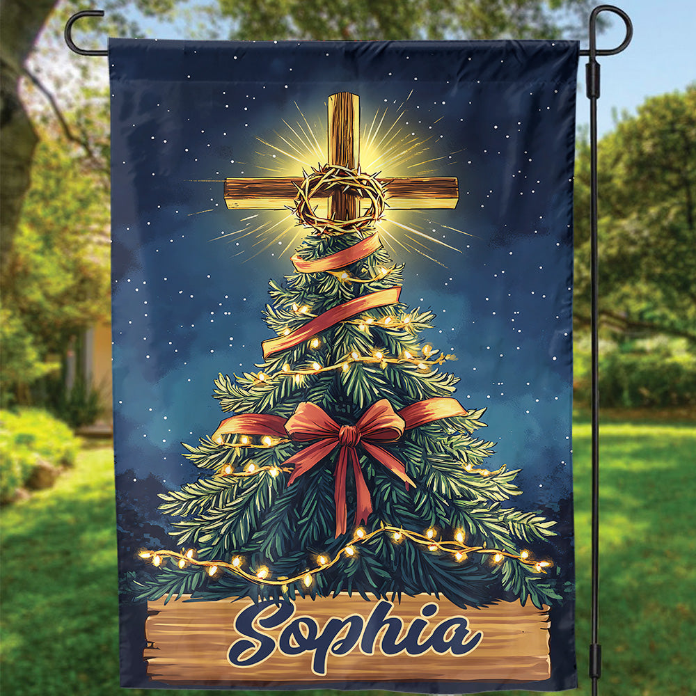 Teesdily | Customized Jesus Christmas Tree Flag, Christ Cross Light Garden Flag, Christmas Bow Religious House Flag Yard Decor