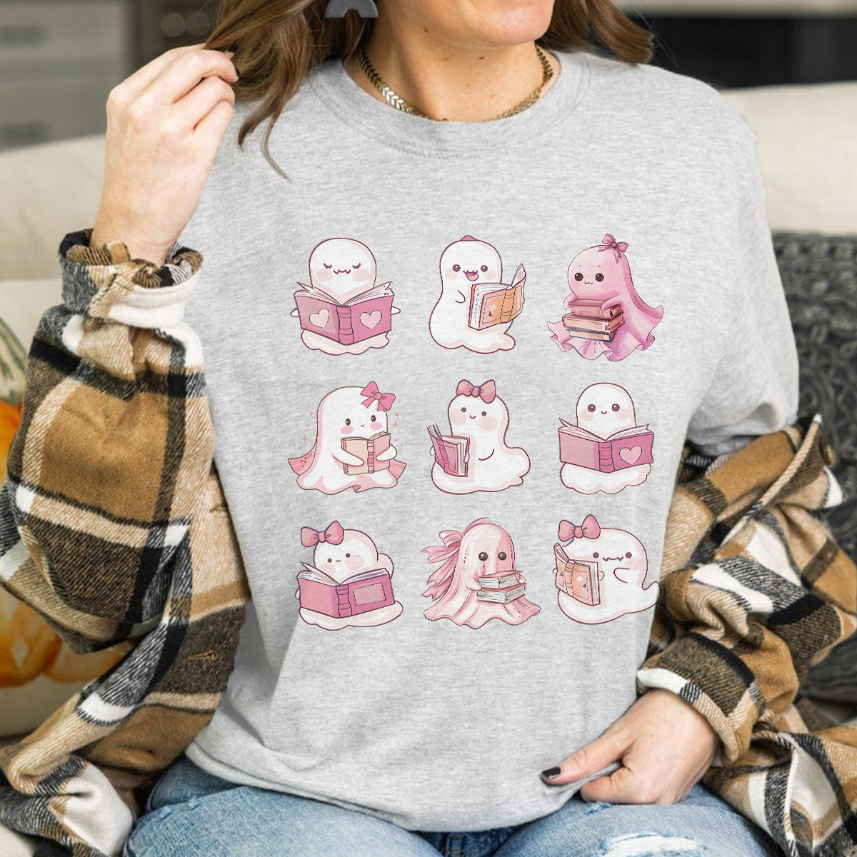 Teesdily | Halloween Pink Ghost Shirt, Halloween Spooky Ghost Reading Book Sweatshirt Hoodie Mug, Ghost Bow Tee, Book Lovers Gift, Halloween Gifts