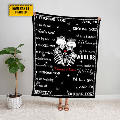 Teesdily | Customized Couple Halloween Goth Skull Throw Blanket Personalized Spooky Skeleton Together Forever Fleece Blanket Gothic Style Gifts