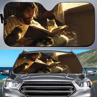 Teesdily | Jesus And Cats Sunshade, God Reading Bible Book Auto Sunshade, UV Protector Shields Auto, Christ Car Windshield Sunshade, Cat Lover Gifts