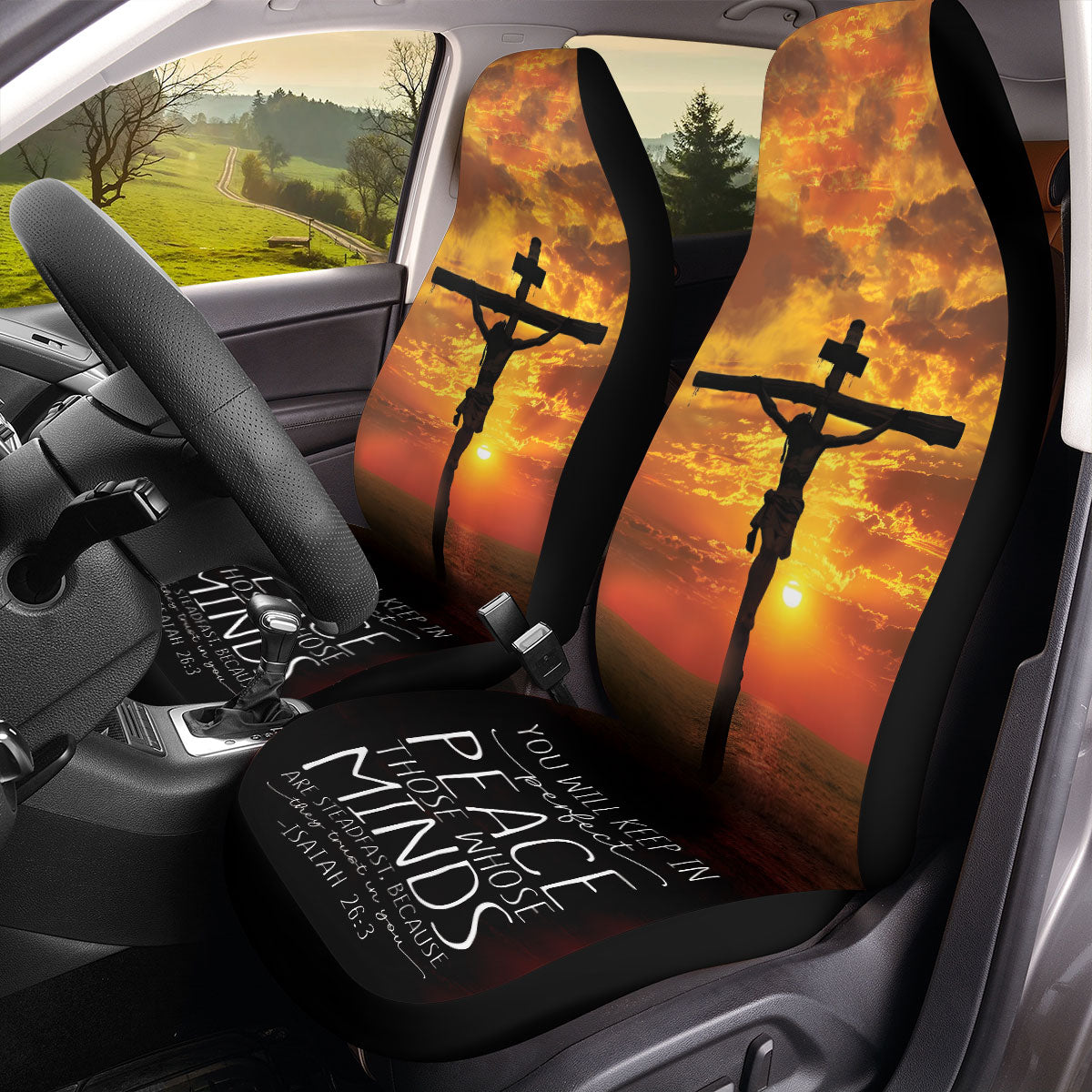 Teesdily | Jesus Cross Sunset Car Seat cover, You Will Keep In Perfect Peace Christ Car Seat Protector, Bible Verse Front Seat Cover, Christian Gift