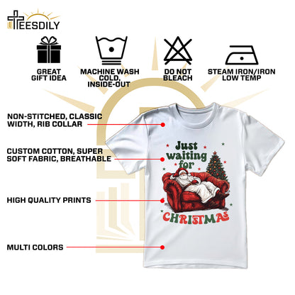 Teesdily | Just Waiting For Christmas Shirt, Santa Sofa Christmas Lights Tee 2024, Santa Claus Sweatshirt Hoodie Mug, Holiday Gift