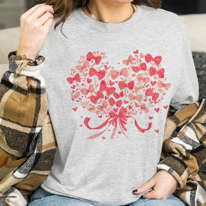 Teesdily | Coquette Valentine Bow Heart Shirt, Pink Bow Heart Valentines Day Sweatshirt, Love Bow Hoodie Mug Valentine Gift