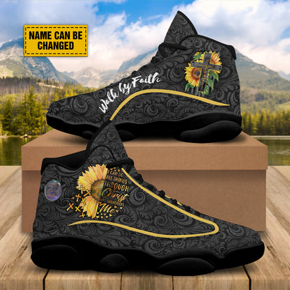 Teesdily | Sunflower Walk By Faith Personalized Basketball Shoes, I Can Do All Things Through Shoes With Thick Soles, Spiritual Gifts For Women