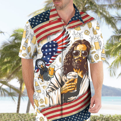 Teesdily | Jesus Eagle Beer American Flag Hawaii Shirt, Cool Jesus Beer Hawaiian Set For Men, Summer Beach Aloha Shirt, Independence Day Gifts