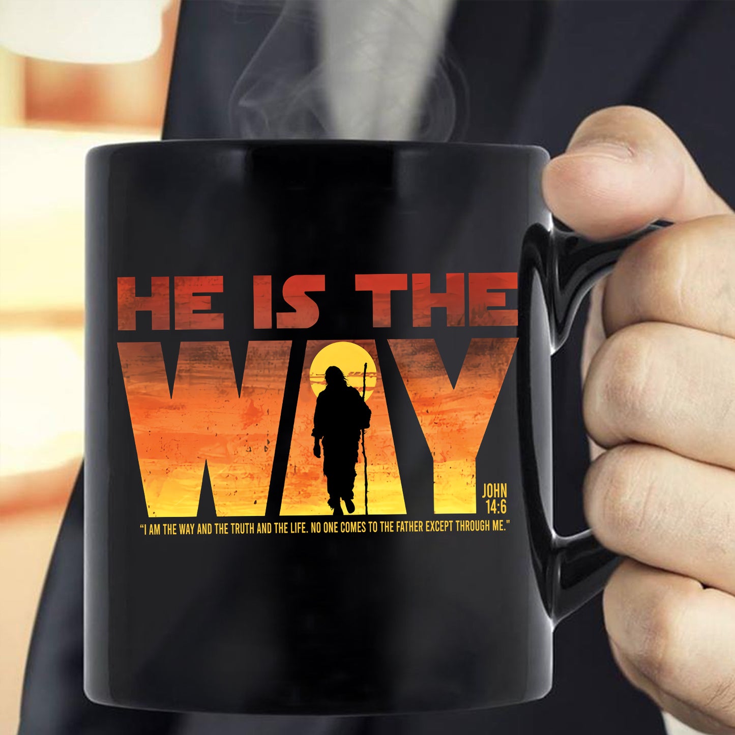 Teesdily | Jesus Walking Sunset Shirt, He Is The Way The Truth The Life Unisex Hoodie Sweatshirt Mug, Christian Shirt Backside, Religious Gift Ideas