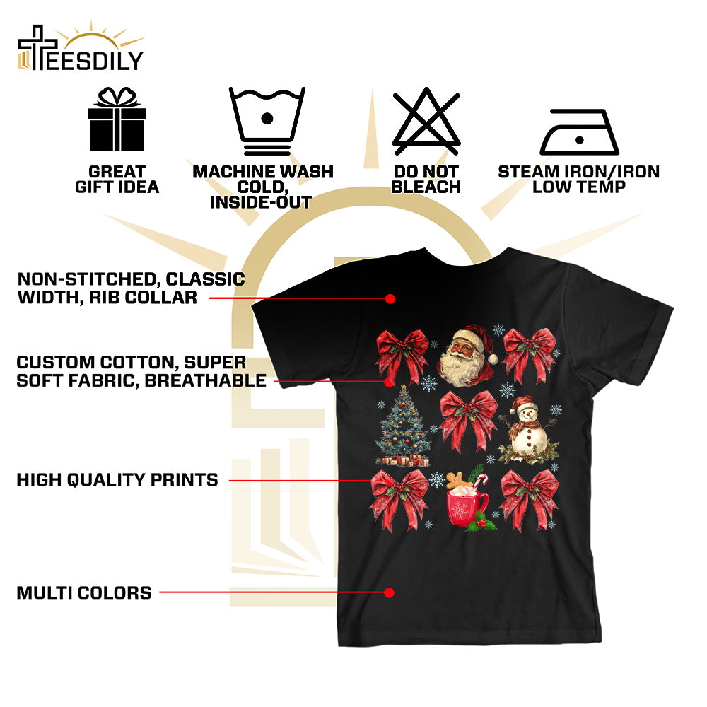 Teesdily | Christmas Coquette Bow Santa Shirt, Christmas Tree Snowman Mug Sweatshirt Hoodie, Retro Merry Bright Tee