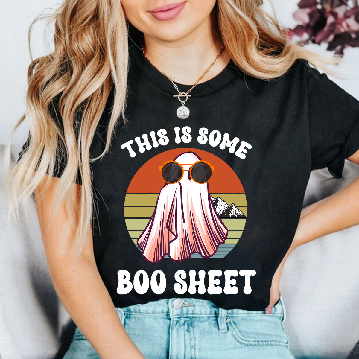 Teesdily | This Is Some Boo Sheet Shirt, Breast Cancer Boo Sheet Sweatshirt, Retro Halloween Boo Ghost Costume Hoodie Mug