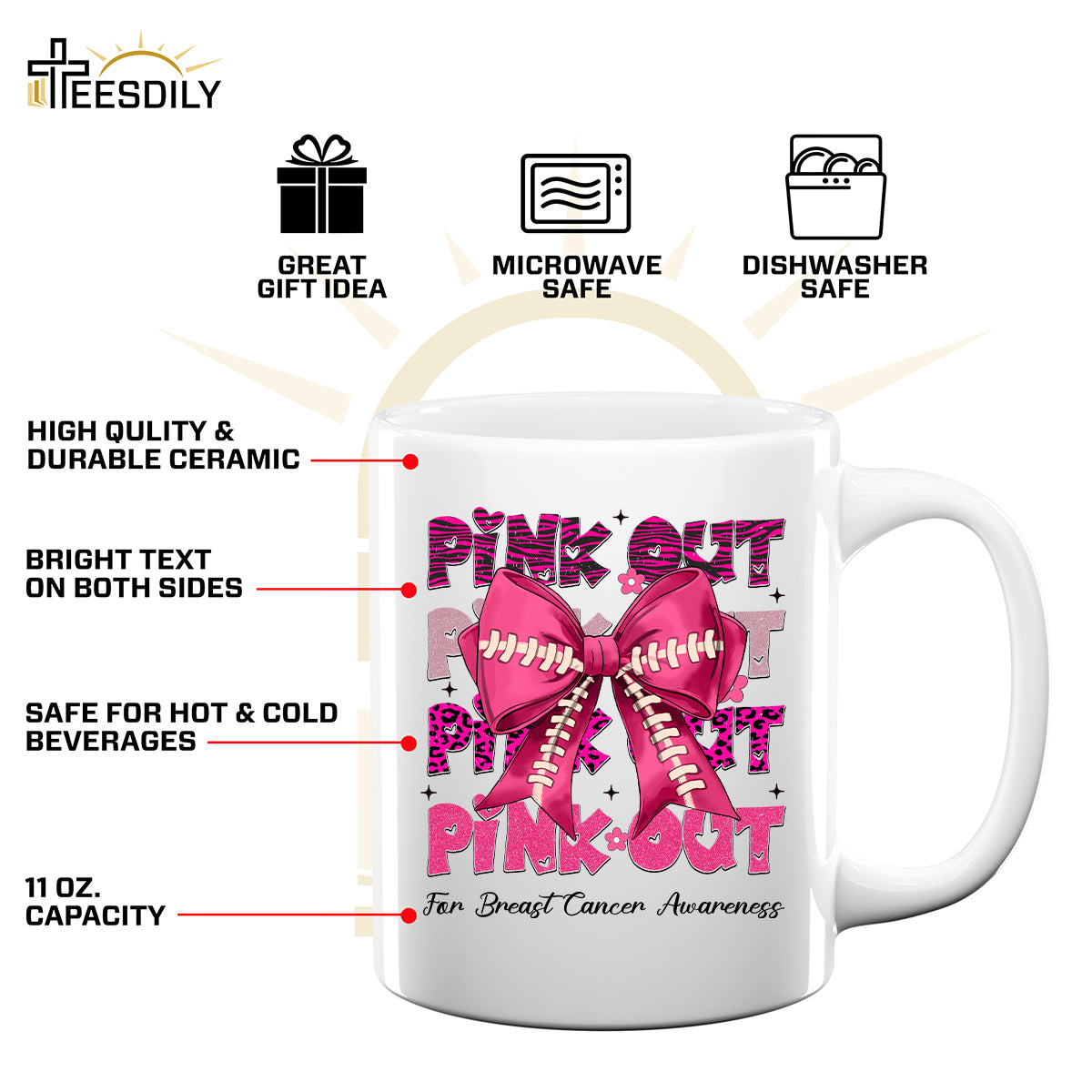 Teesdily | Breast Cancer Awareness Pink Shirt, Pink Out Tee Sweatshirt Hoodie Mug, Football Coquette T-shirt, Pink Ribbon, Game Day Shirt