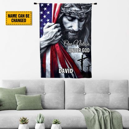 Teesdily | Customized American Flag Jesus Yard Sign, One Nation Under God Christian American Garden Metal Sign, Jesus Lover Gift