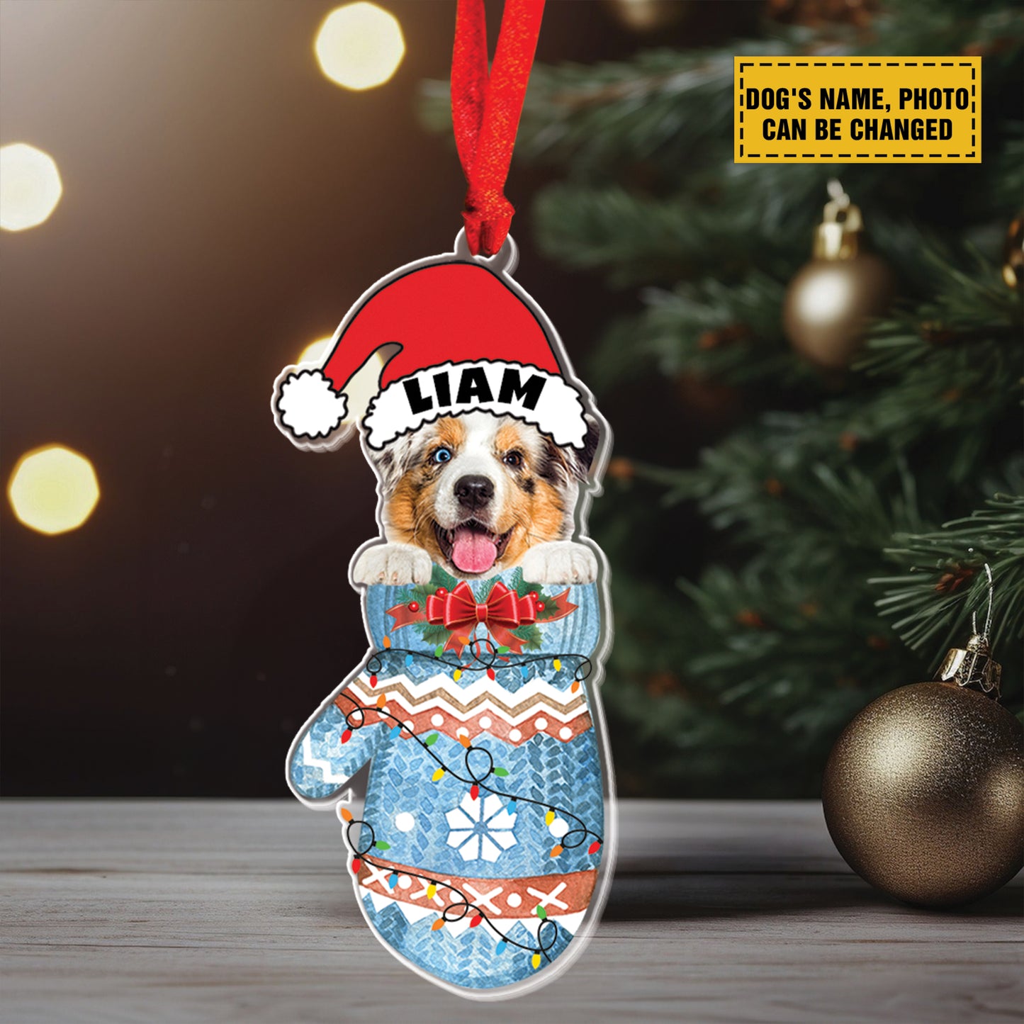 Teesdily | Custom Australian Shepherd In Gloves Ornament Christmas, Dog Winter Glove Christmas Ornament 2D, Dog Mom Dog Lover Gift