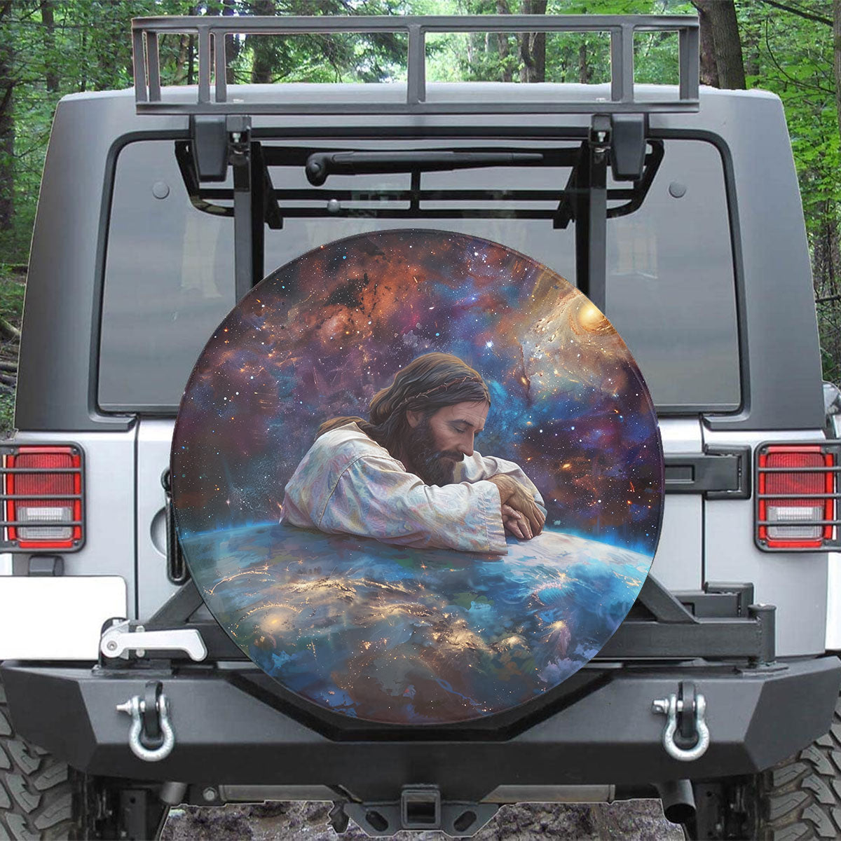 Teesdily | Jesus Earth Spare Tire Cover, Jesus Saves Earth Camper Wheel Cover, God Believer Gifts, Religious Spare Tire Cover 27"-34"