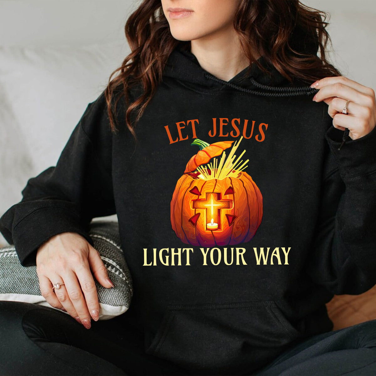 Teesdily | Jesus Pumpkin Cross Shirt, Let Jesus Light Your Way T-shirt, Jesus Light Pumpkin Sweatshirt Hoodie Mug, Happy Halloween Christian Gift