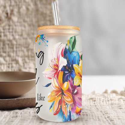 Teesdily | Colorful Flower Frosted Can, Nothing In This World Can Satisfy My Soul Like Jesus Bible Verse Glass Can, Gift For God Believers