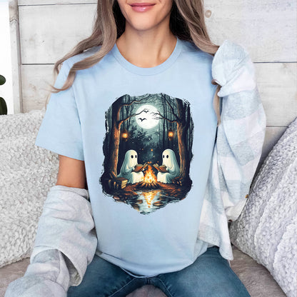 Teesdily | Camping Halloween Ghost Reading Book Shirt, Halloween Costume, Spooky Season Sweatshirt, Ghost Camping Hoodie Mug, Women Fall Gifts