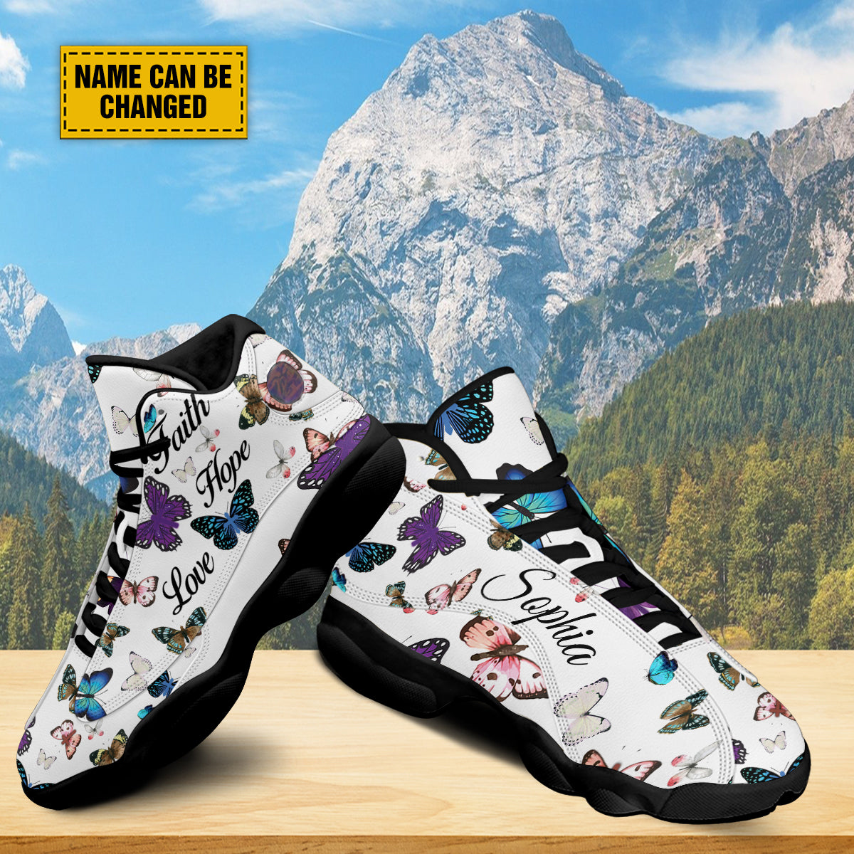 Teesdily | Customized Jesus Butterfly Basketball Shoes, Faith Hope Love Christian Shoes With Thick Soles, Christian Religious Gift