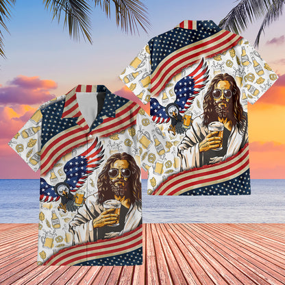 Teesdily | Jesus Eagle Beer American Flag Hawaii Shirt, Cool Jesus Beer Hawaiian Set For Men, Summer Beach Aloha Shirt, Independence Day Gifts