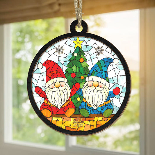 Teesdily | Gnomes Christmas Suncatcher, Christmas Gnomes Stained Glass Suncatcher, Couple Gnomes Suncatcher Decor Christmas Tree, Christmas Gift