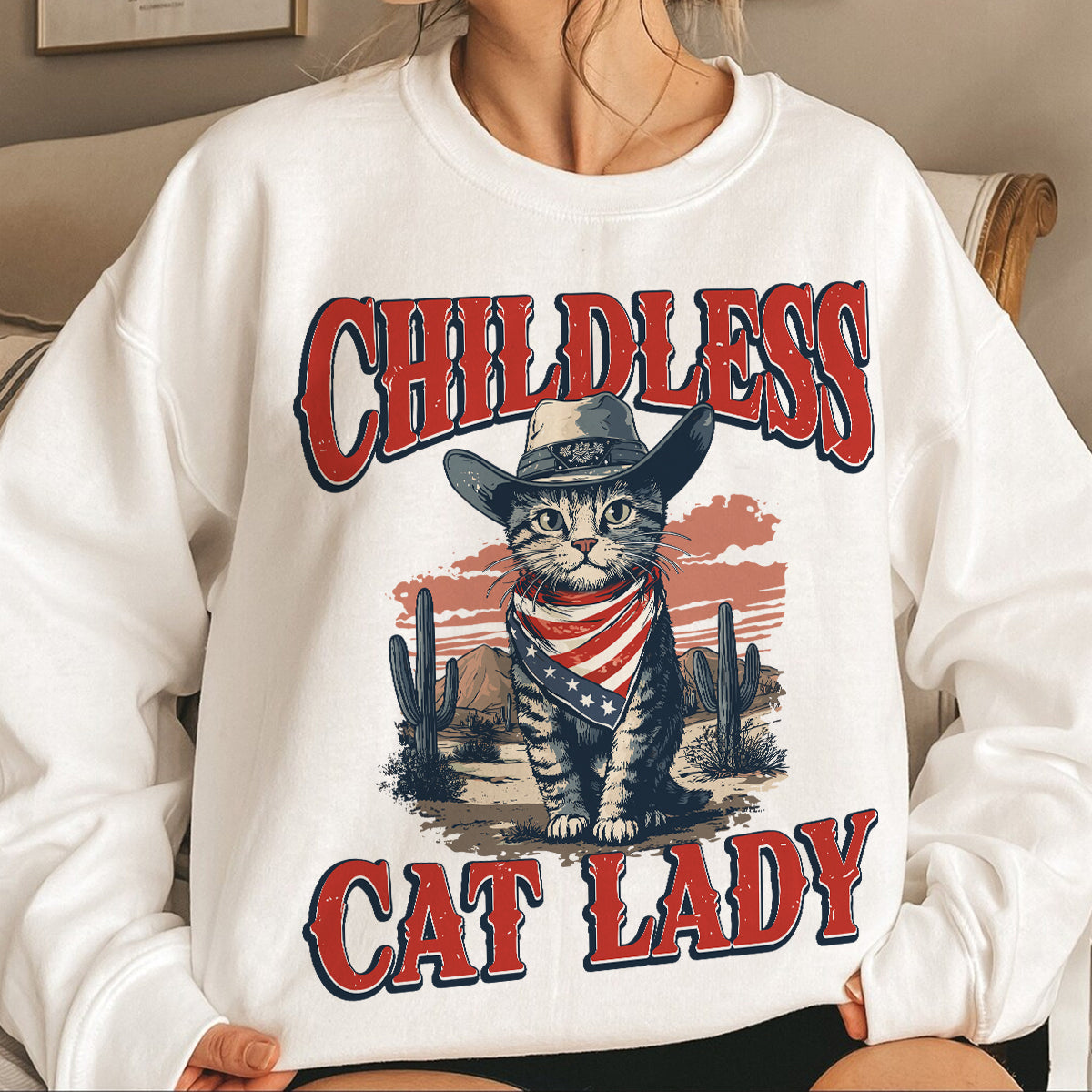 Teesdily | Childless Cat Lady Shirt, Childless Cat Lady For Comma La Sweatshirt Hoodie Mug, Vintage Cat Cowboy T-shirt, Kama-laa Tee, Patriot Gift