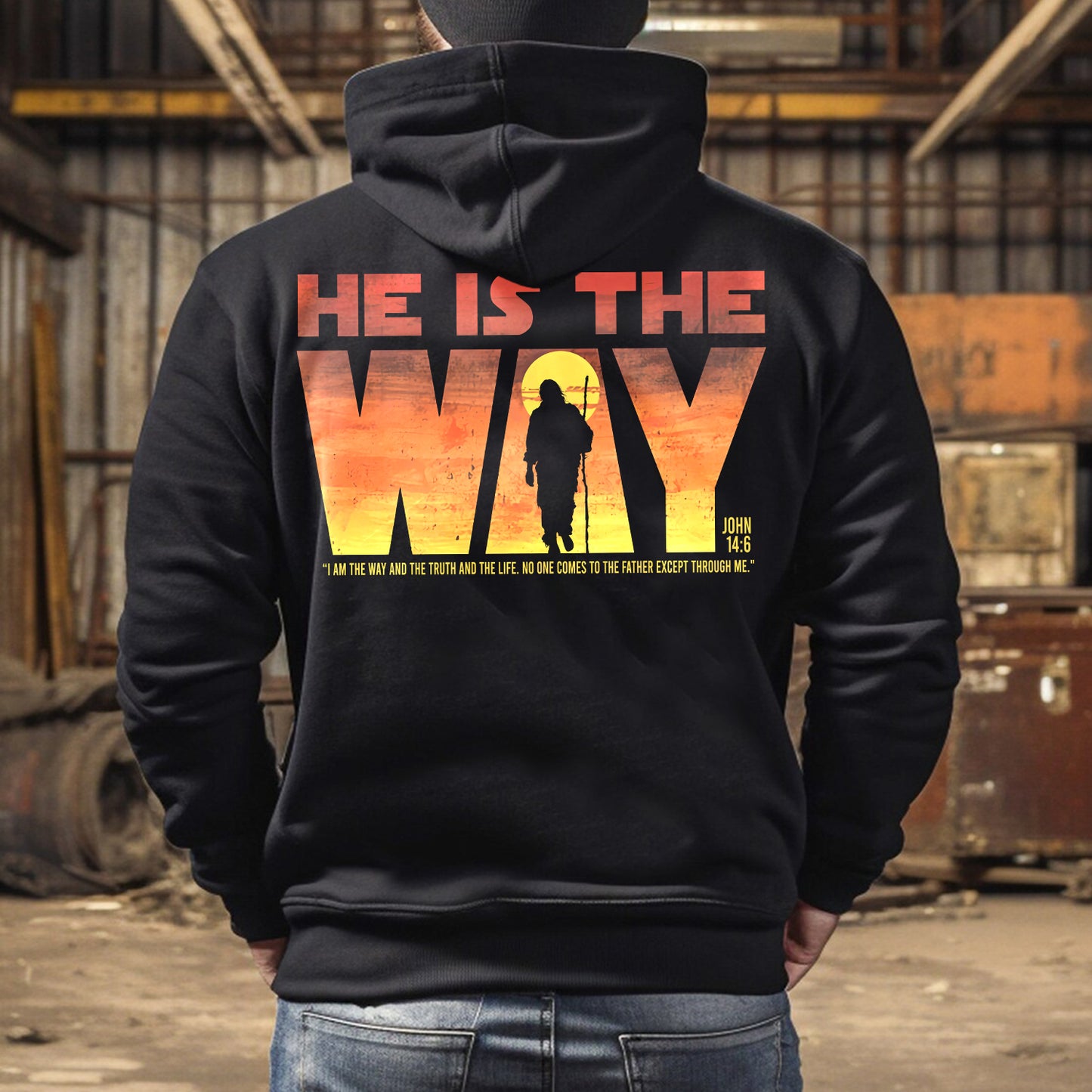 Teesdily | Jesus Walking Sunset Shirt, He Is The Way The Truth The Life Unisex Hoodie Sweatshirt Mug, Christian Shirt Backside, Religious Gift Ideas