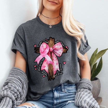 Teesdily | Pink Bow Cross Breast Cancer Shirt, Jesus Breast Cancer Sweatshirt, Together We Fight Cancer Hoodie Mug, Support Warrior Fighter Gift