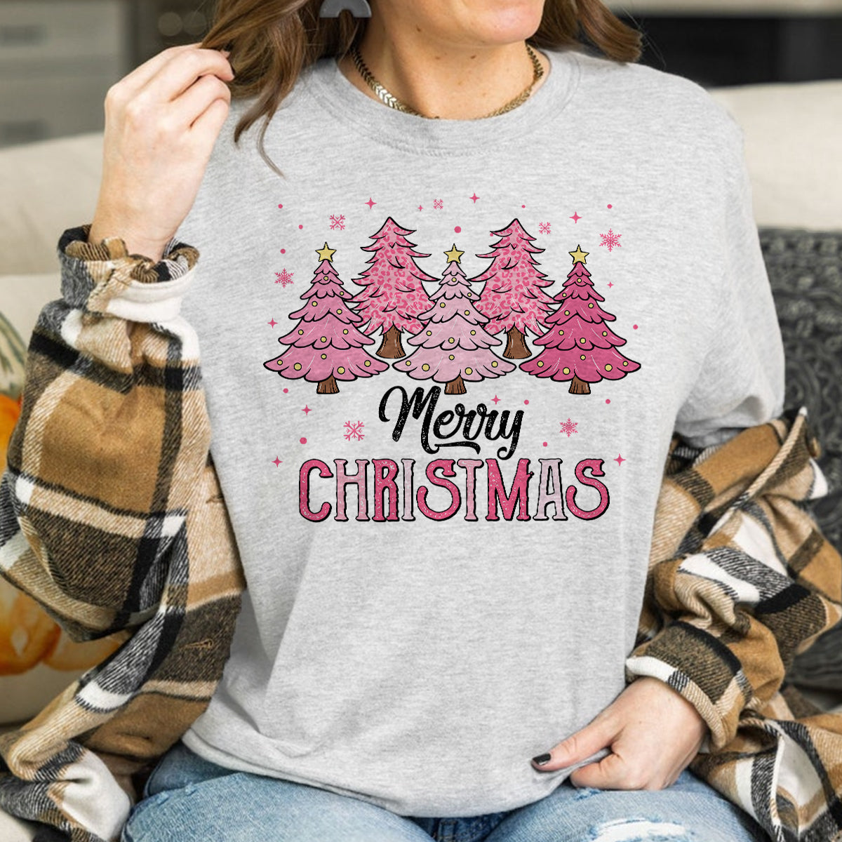 Teesdily | Merry Christmas Shirt, Pink Christmas Tree Sweatshirt, Christmas Vibes Sweater, Holiday Season Hoodie Mug Gift Mom