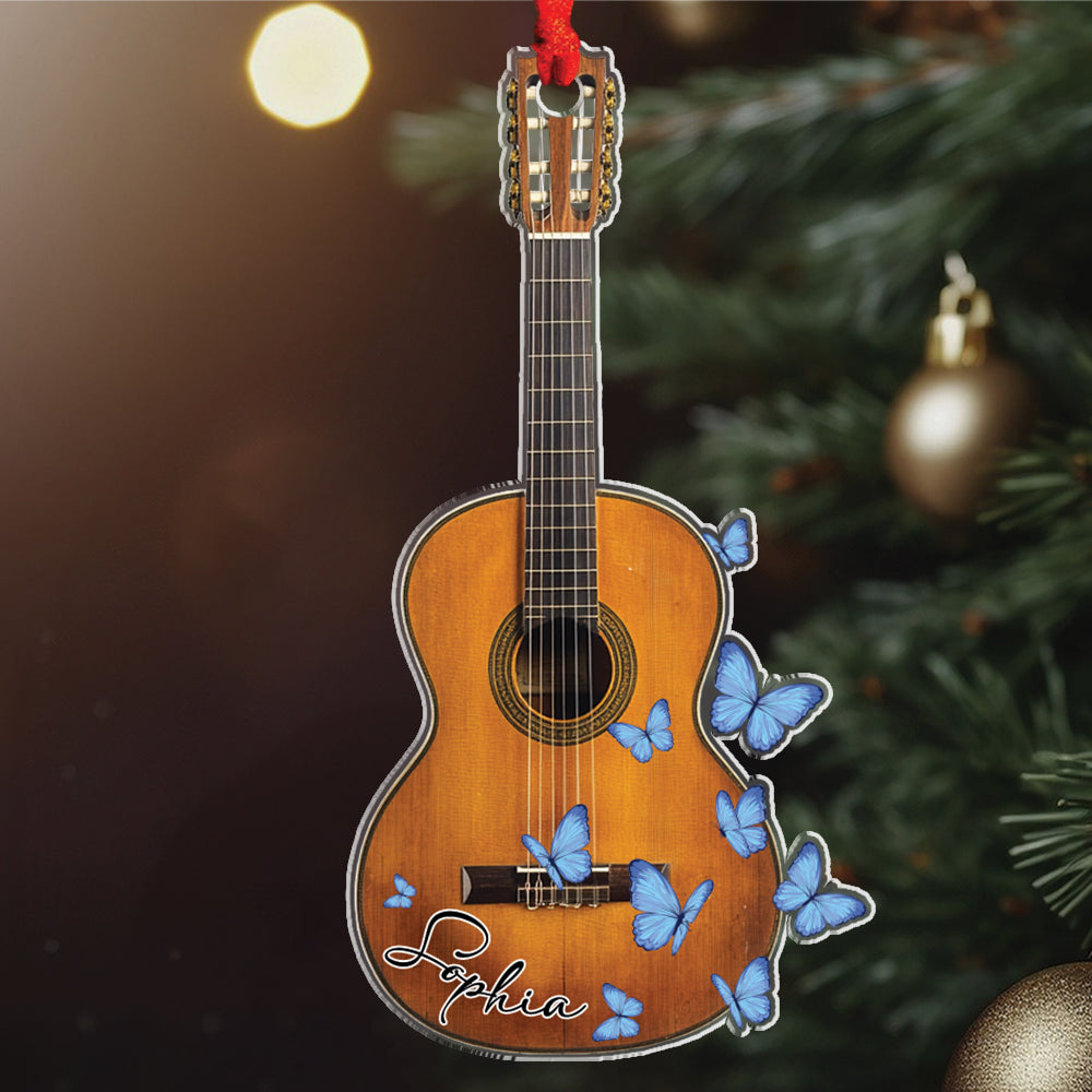 Teesdily | Customized Butterfly Guitar Ornament 2d Flat Acrylic, Artist Guitar Player Ornament Christmas, Gift For Guitar Players