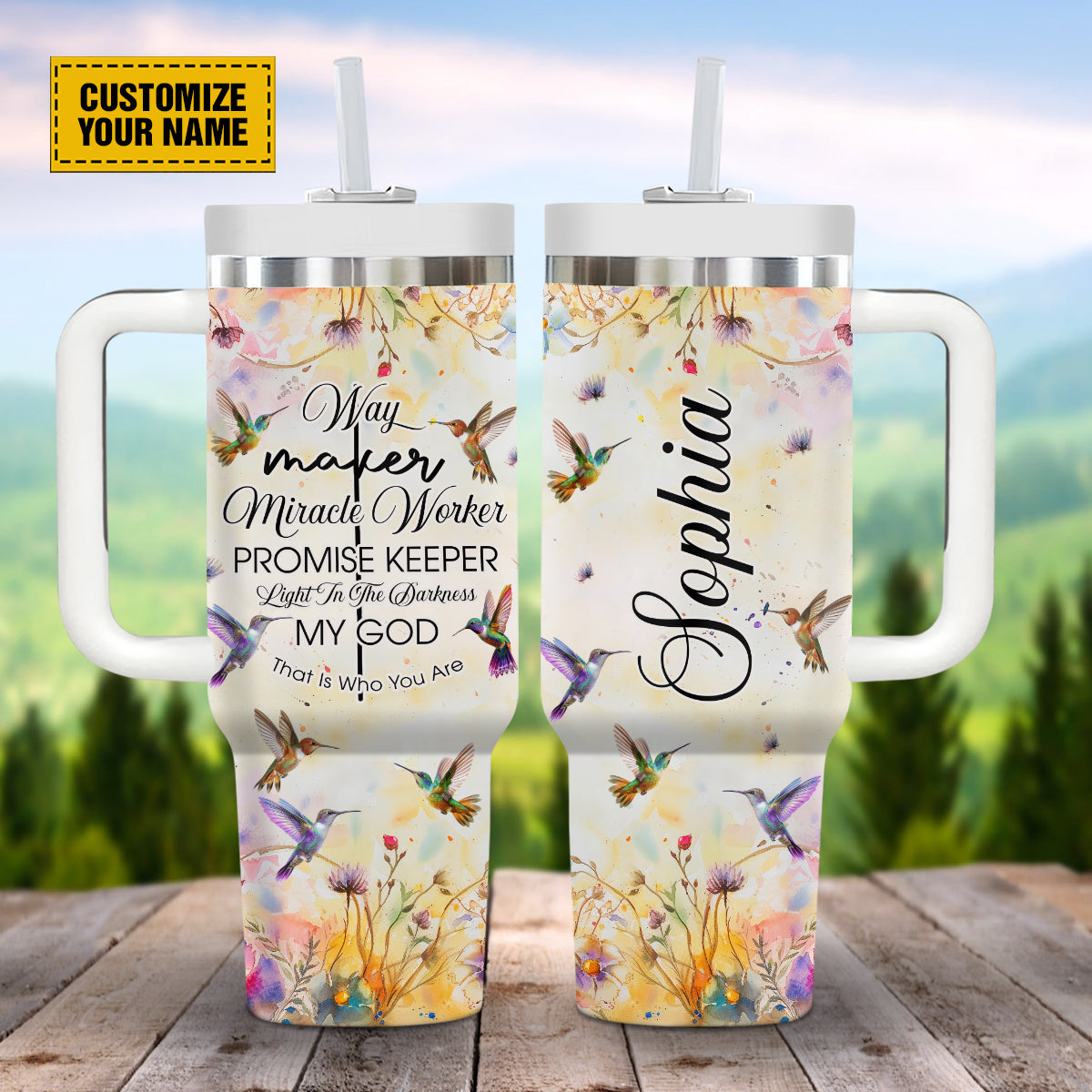 Teesdily | Hummingbird Floral Personalized Tumbler, Way Maker Miracle Worker Tumbler Cups, Religious Gifts For Women, God Tumbler With Lid And Straw