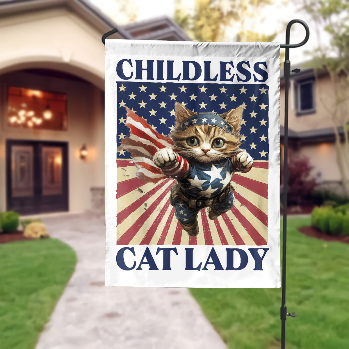 Teesdily | Childless Cat Lady Garden Flag, Hero Cat House Flag, American Flag Yard Banner, Cat Ladies For Comma La Flag Decor Home