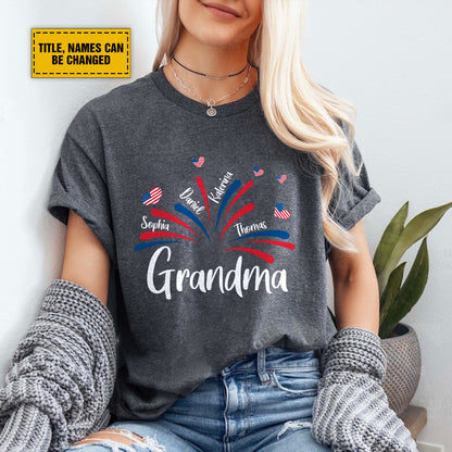 Teesdily | Customized Grandma American Flag Shirt, Fireworks Heart Mom Sweatshirt, Mama And Kids T-Shirt, Mom Papa Mug Cup, Independence Day Gifts