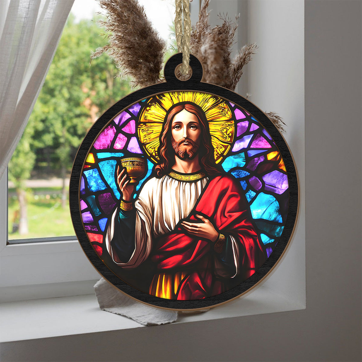 Teesdily | Jesus Holy Communion Scene Suncatcher, Jesus Christ Cup Stained Glass Suncatcher, Christmas Ornament Hanging, Xmas Decoration Gift