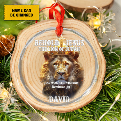 Teesdily | Jesus Lion Of Judah Ornament, Customized Jesus Christ Cross Glass Ornament, Bible Verse Christmas Ornaments Decor, Faith Jesus Lover Gift