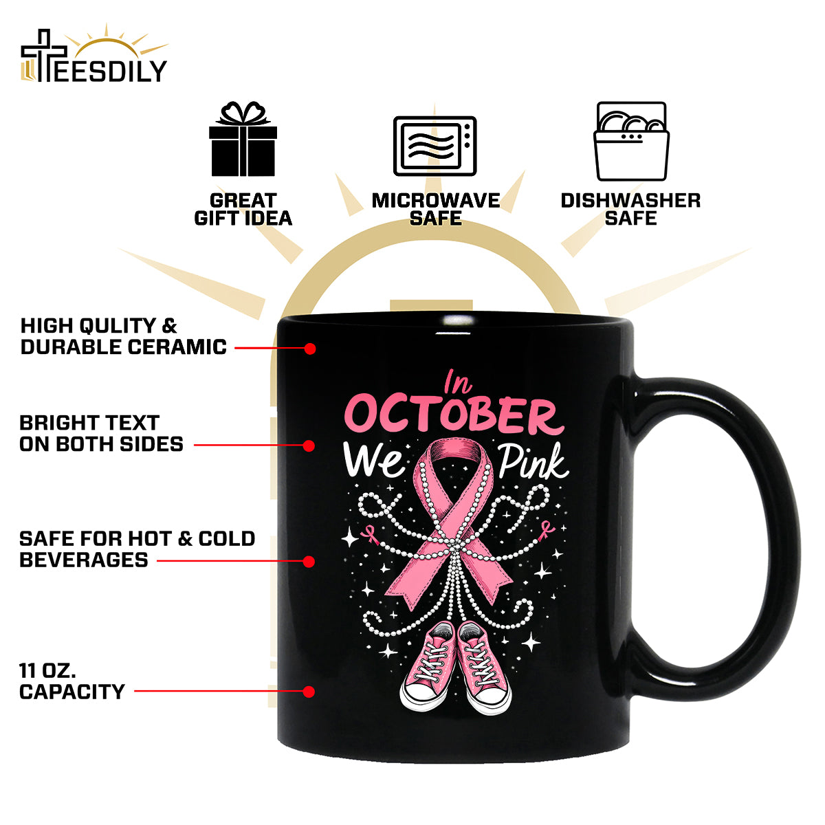 Teesdily | In October We Wear Pink Shirt, Pink Ribbon Shoe Sweatshirt, Breast Cancer Awareness Hoodie Mug, Support Warrior Halloween Gifts